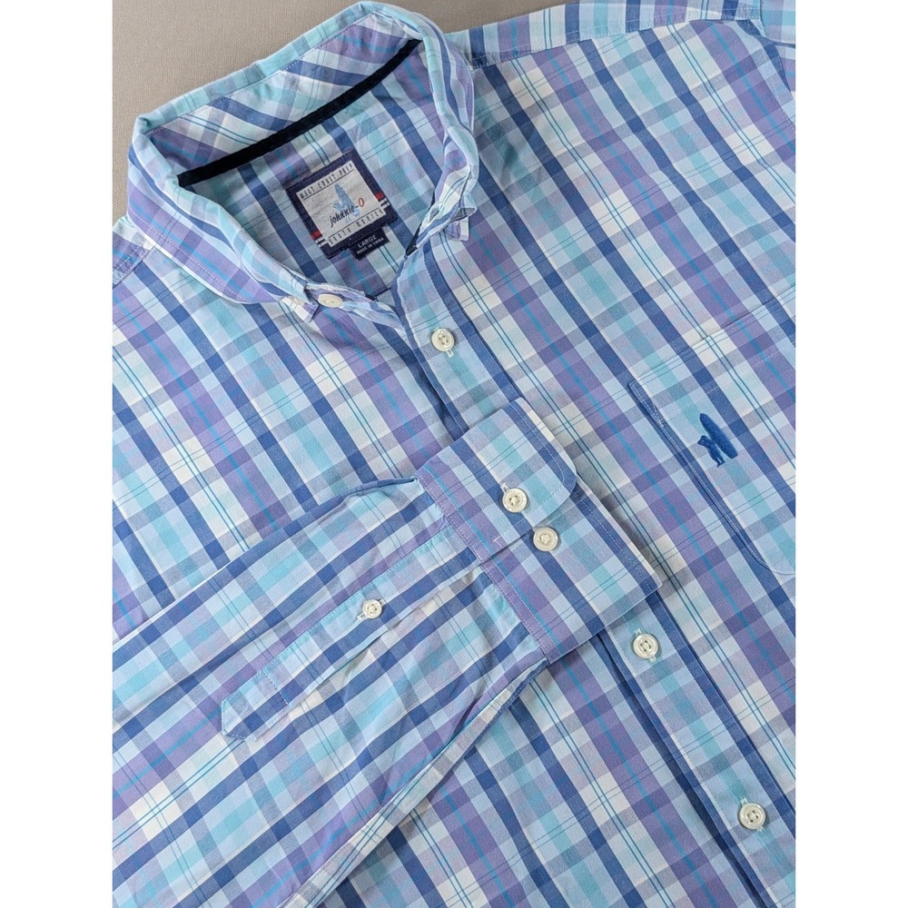 Johnnie-O Shirt Mens Large Blue Plaid Button Down Long Sleeve Cotton Logo‎